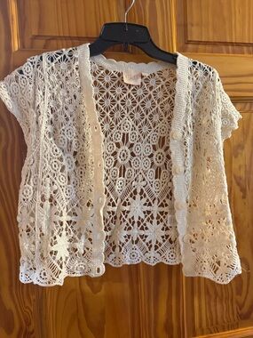 Openwork Crochet Short Sleeve Cardigan in Cream